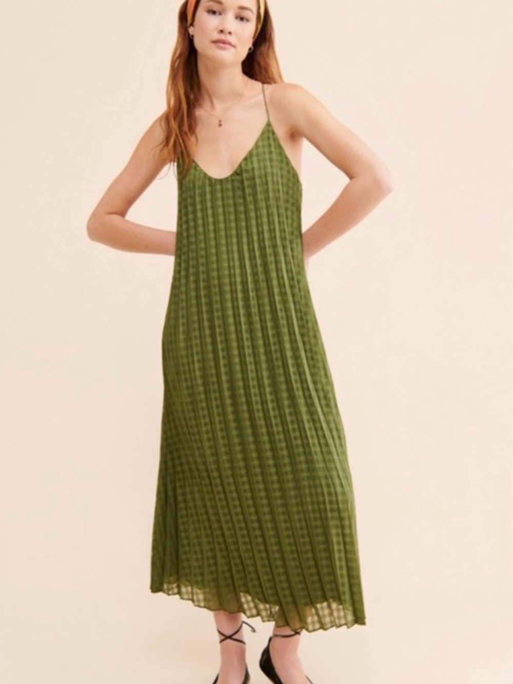 Scotch & Soda Olive Green Pleated Slip Maxi Dress